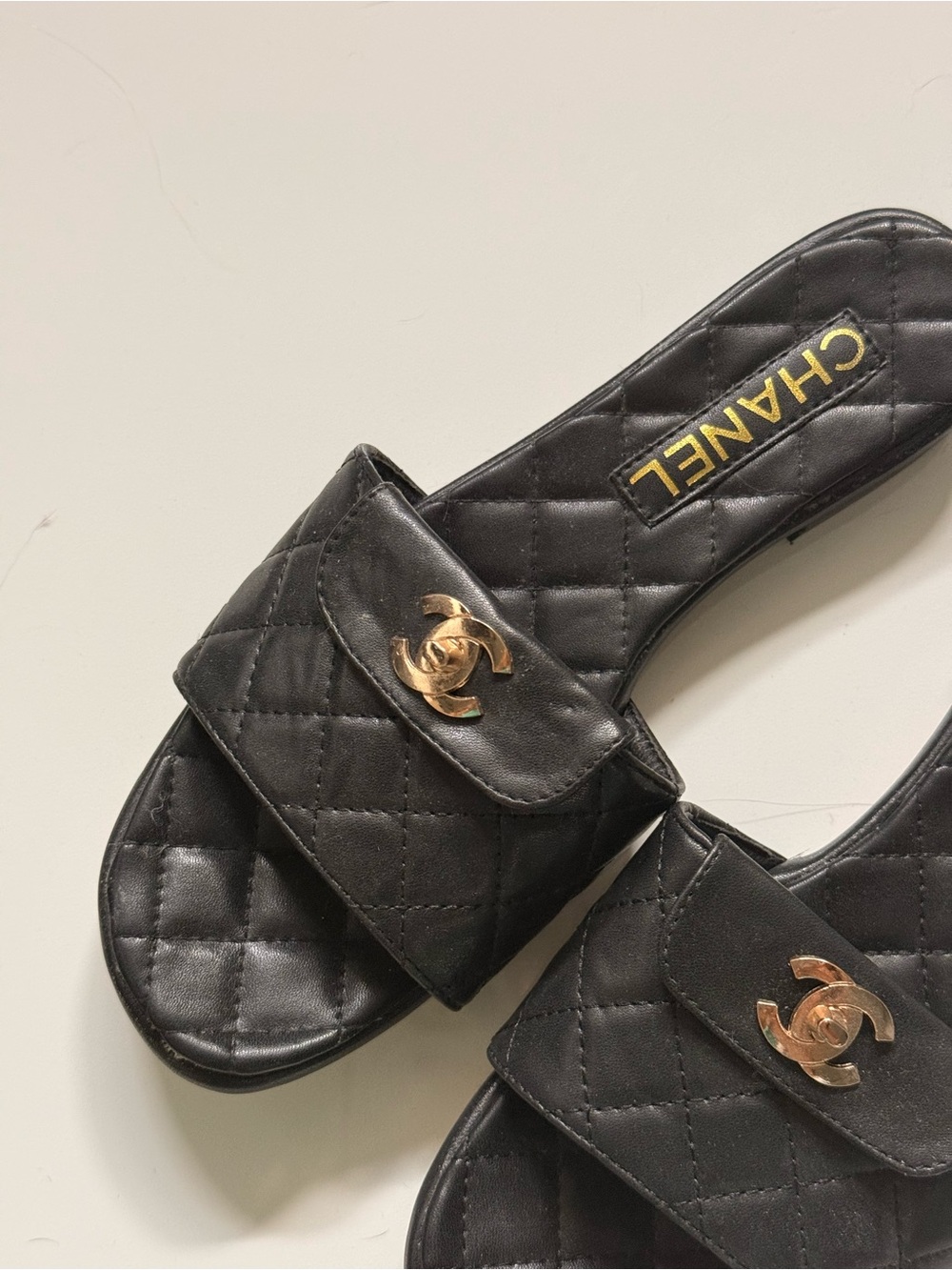 CHANEL Black Quilted Leather Slide Sandals with Gold CC Logos - Picture 2 of 7